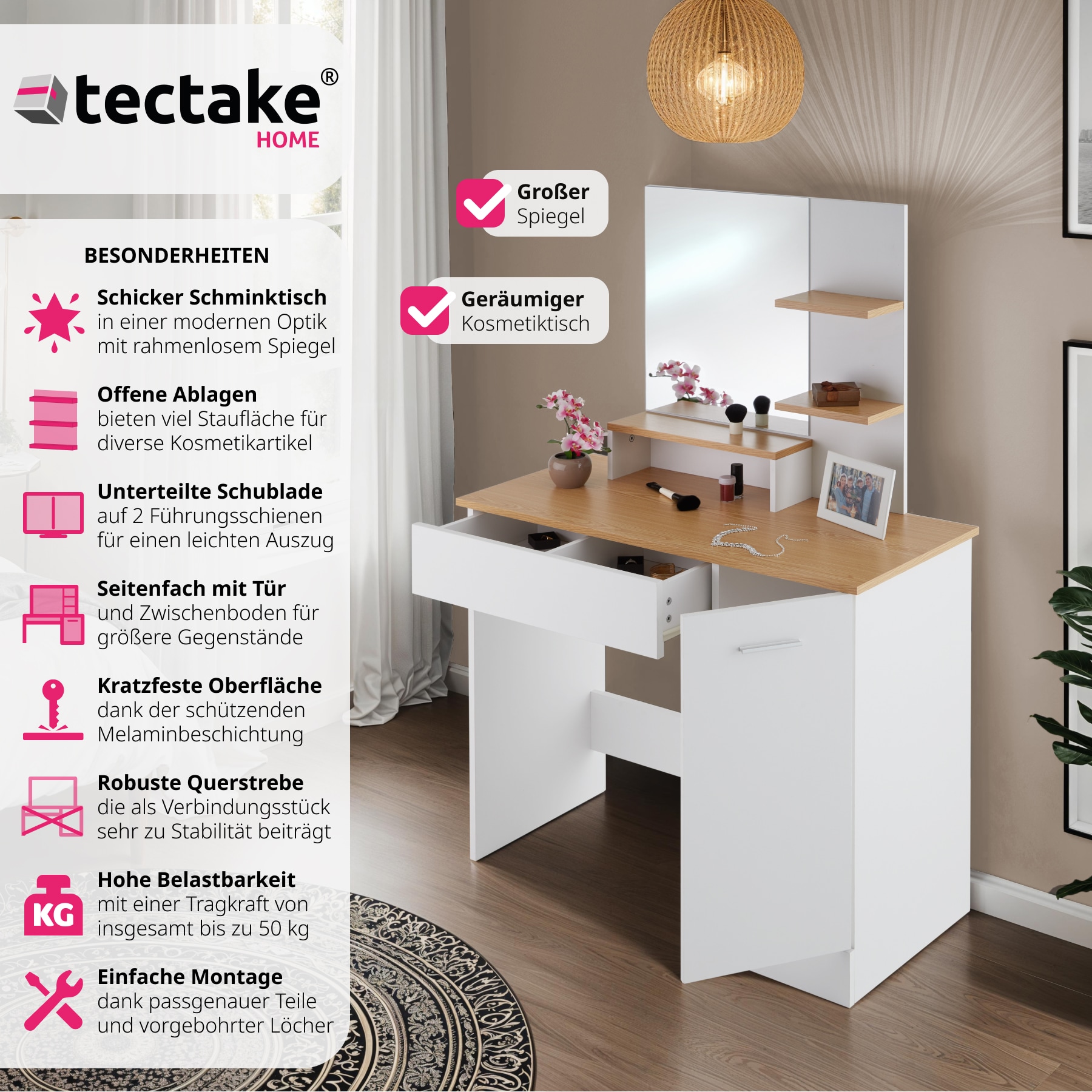 tectake® Schminktisch, im modernen Look, 3 offene Ablagen, unterteilte Schublade, 90 x 40 x 137,5 cm