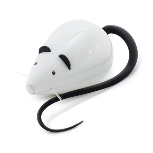 Isca para gatos em formato de rato, preta e branca.