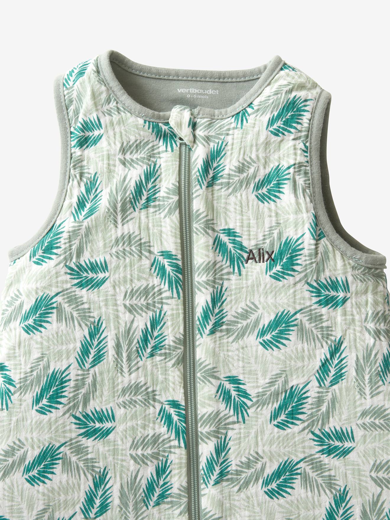Cardigã sem mangas, perfeito para o verão. Estampa tropical verde de tamanho médio.