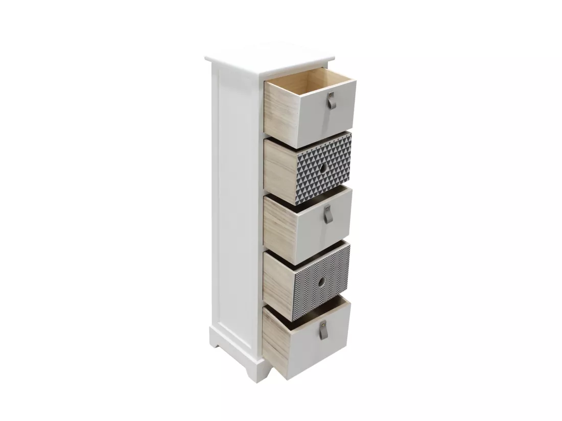 Commode Étroite Table De Chevet Haute 5 Tiroirs Blanc Gris Moderne Bois 93x30x25 Cm