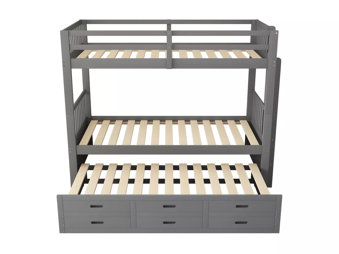Lit superposé 90x200cm - avec lit gigogne et 3 tiroirs - en bois de pin massif et MDF - Gris