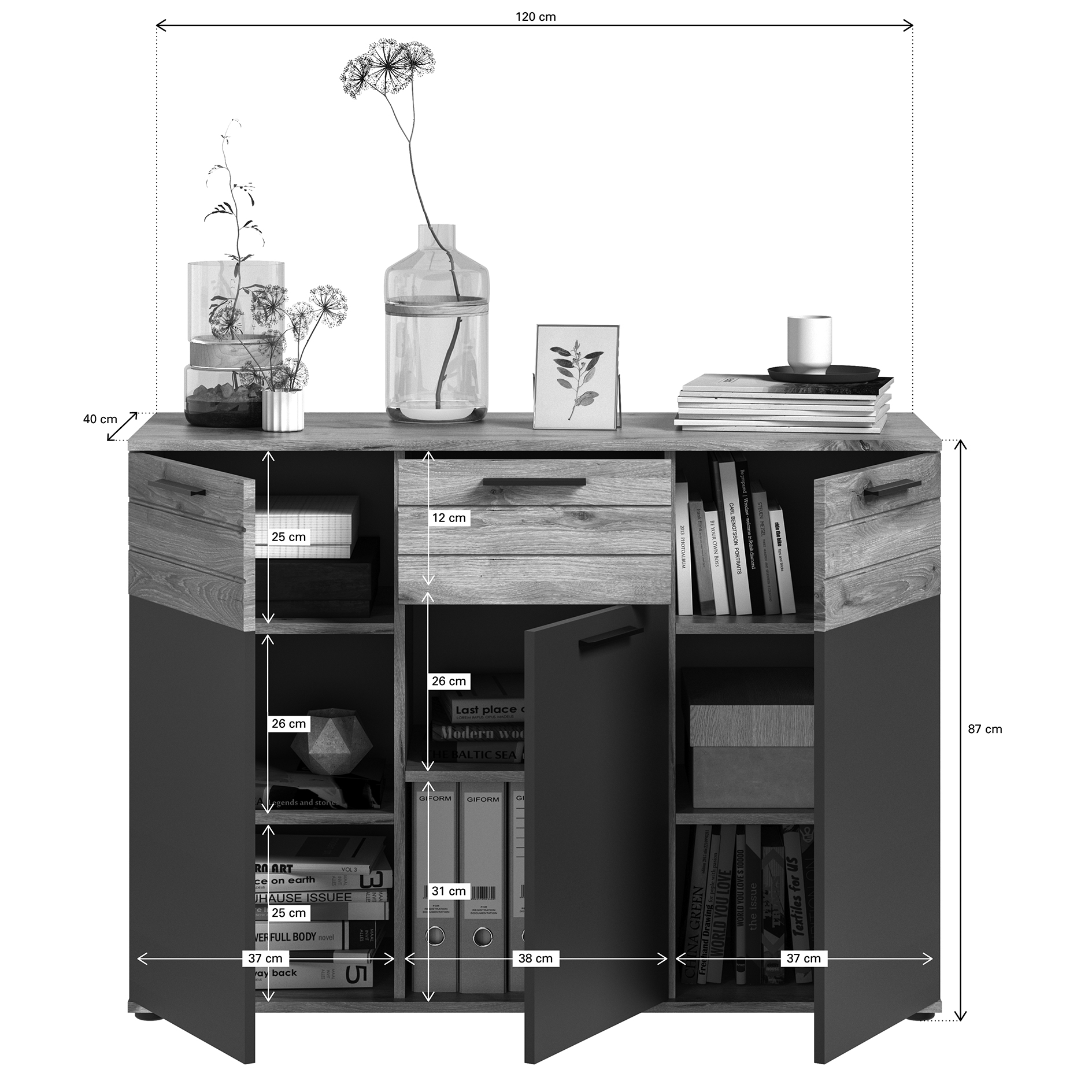Kommode MASON - Nox Oak - Basalt grau - 120 cm