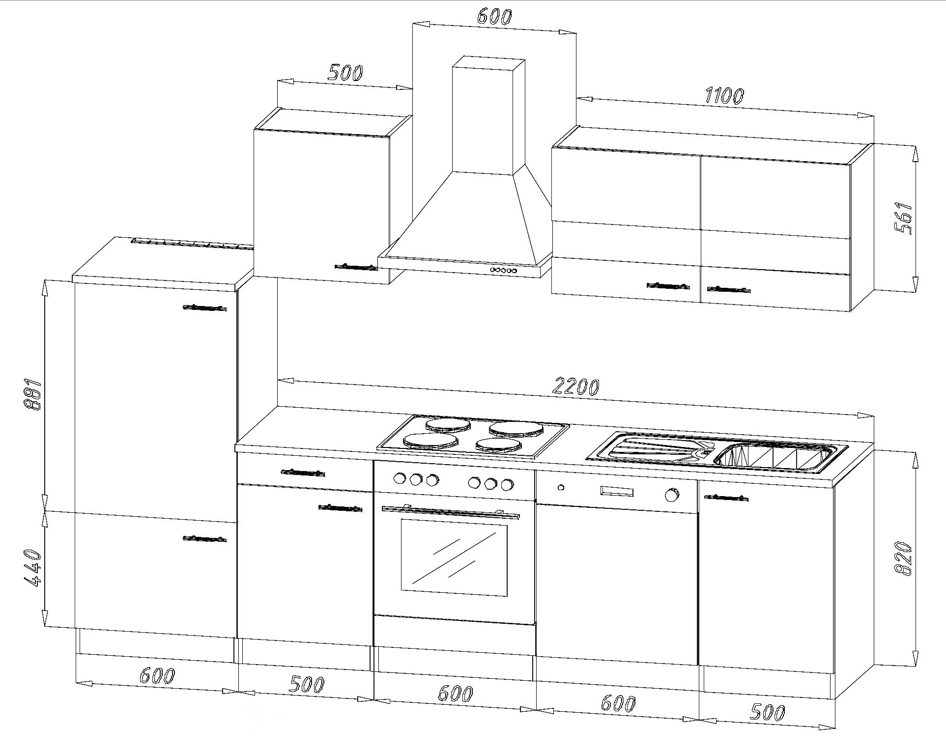 Respekta Küchenzeile KB280WSC 280 cm Weiß - Schwarz mit Glaskeramik