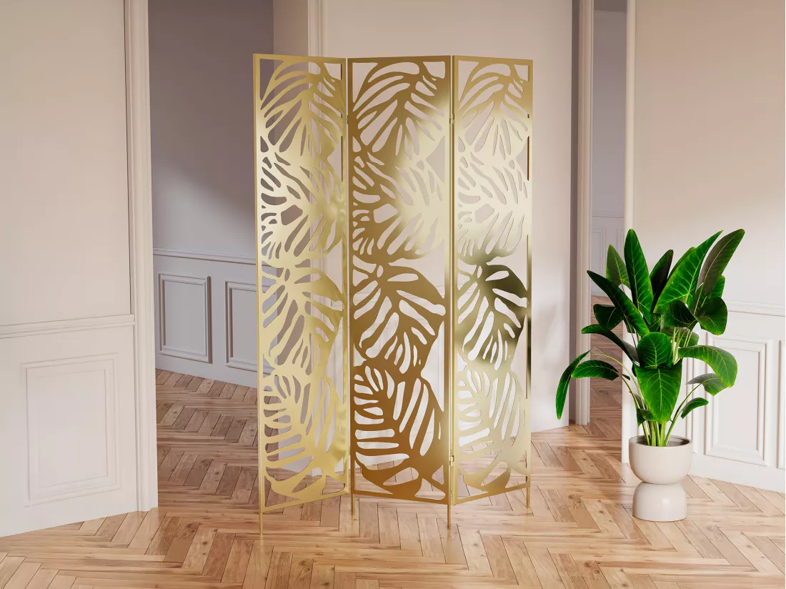 Paravent ajouré floral en métal 3 pans L. 123 x H. 180 cm - Doré - KODILA