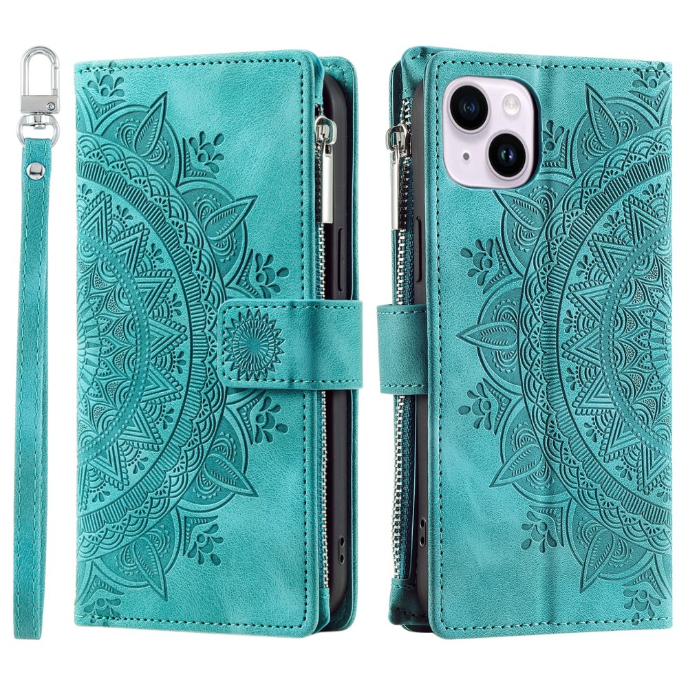 iPhone 15 Leder Tasche Flip Cover mit Reissverschluss - Mandala Flowers Imprint - Türkis