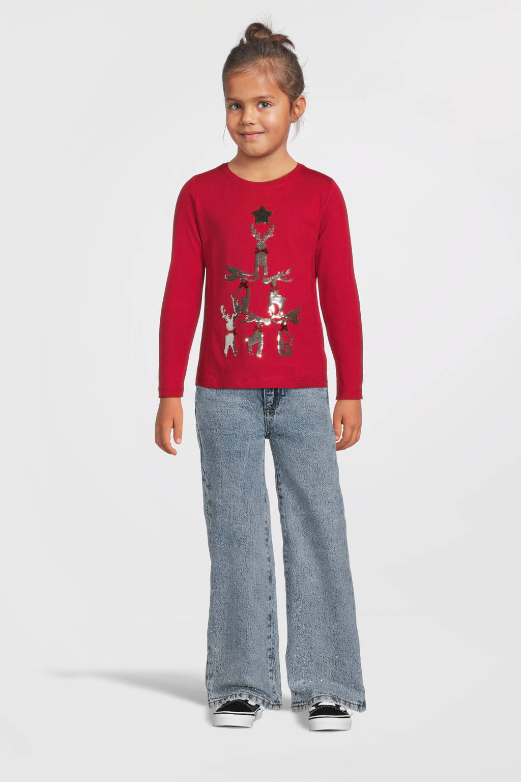 NAME IT kerstlongsleeve NKFPRIJUL met printopdruk en pailletten rood