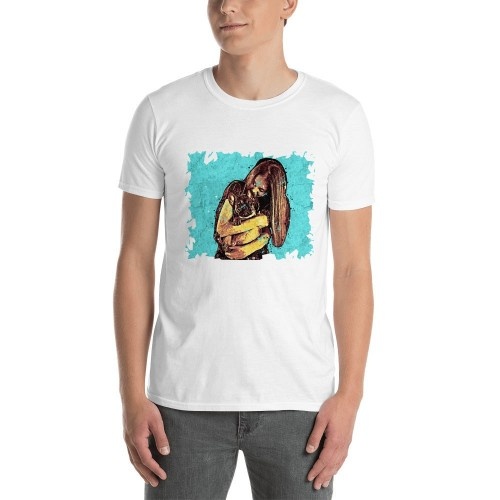 Camiseta masculina Mascochula personalizada com grafite apresentando seu animal de estimação, branca