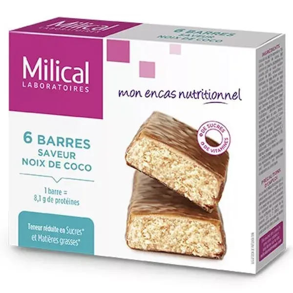 Barras de emagrecimento Milical com alto teor de proteína e coco, 6 unidades
