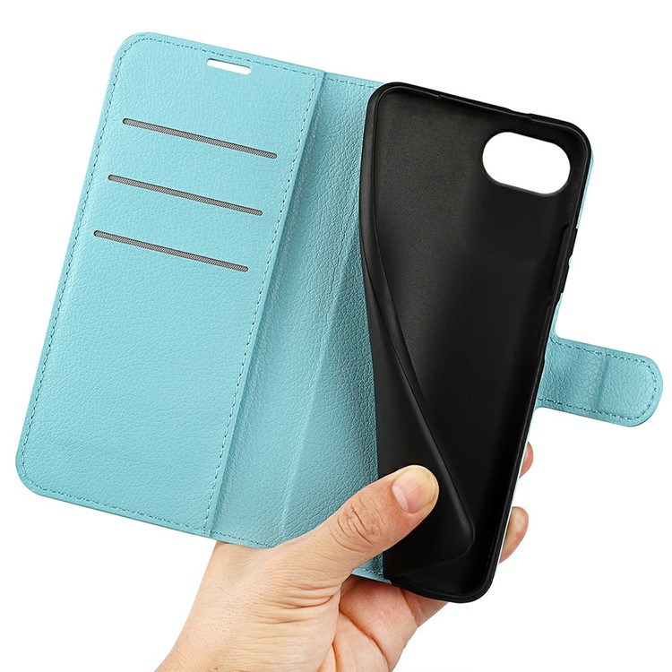 iPhone 16e Leder Tasche Flip Cover Litchi Look - Blau