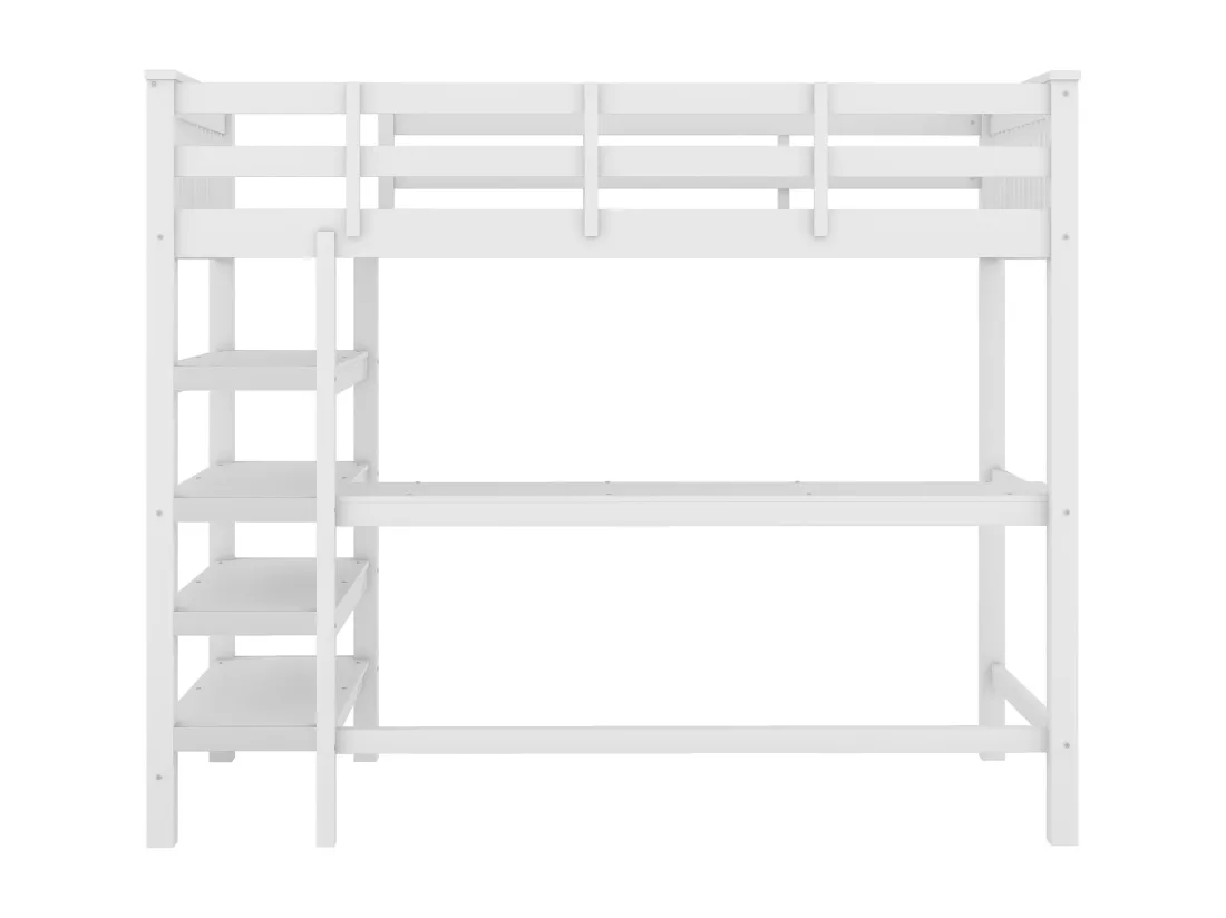 Lit mezzanine 90 x 200 cm avec bureau et étagères de rangement - Bois de pin + MDF - Blanc