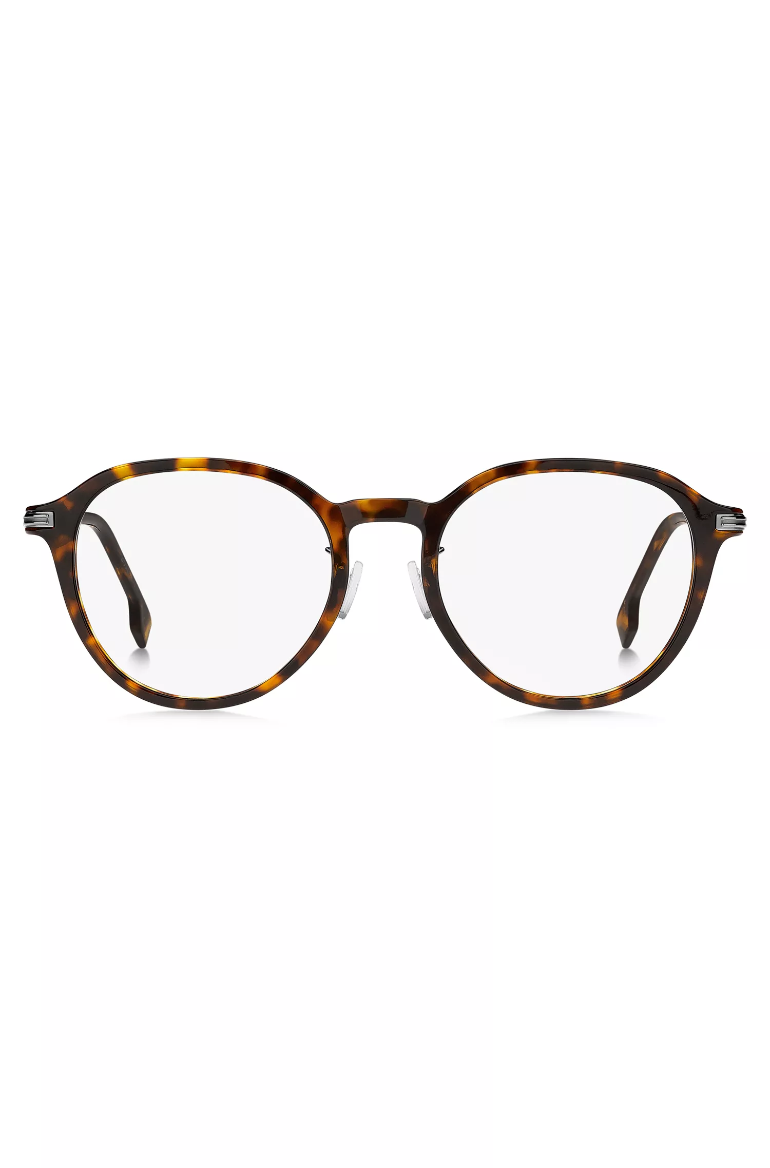 Armação de óculos BOSS em acetato preto Havana com detalhes exclusivos.