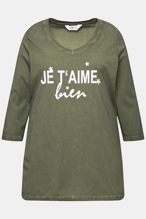 T-Shirt, cold dyed, Statement-Druck, V-Ausschnitt, 3/4-Arm