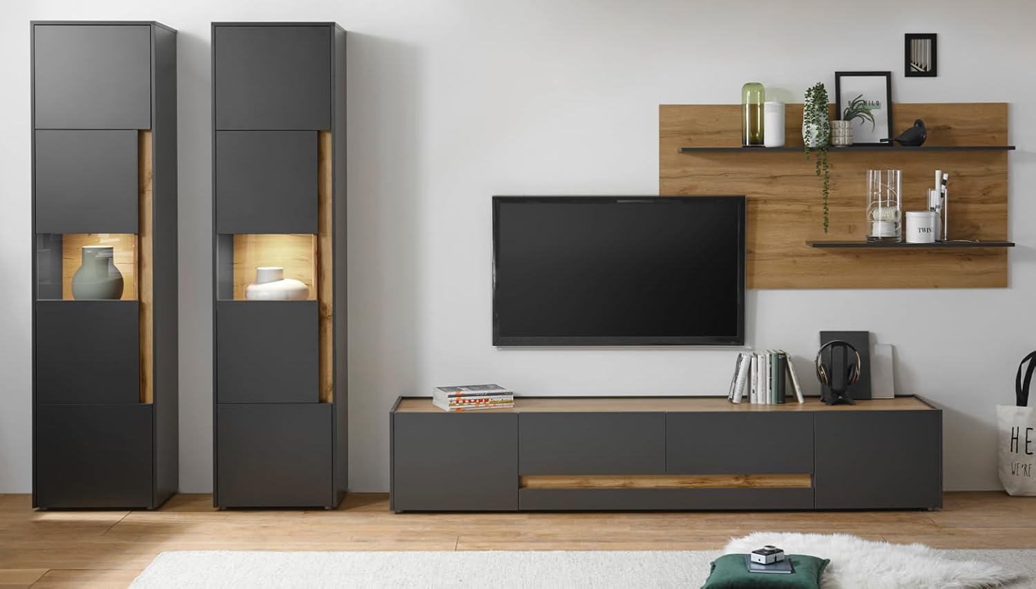 TV Unterteil Lowboard in Eiche Wotan Holz und grau matt Wohnzimmer Fernseher Schrank Mediaschrank TV-Board 170 x 40 cm Center (TV-Lowboard 2)