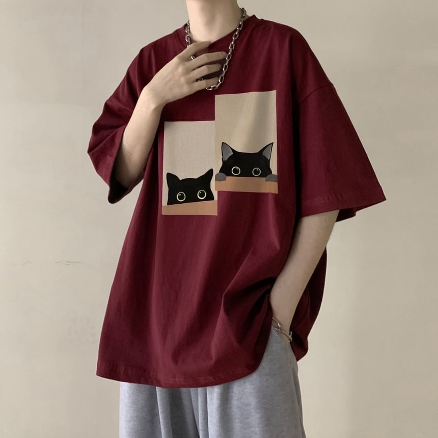 Lingaris - T-shirt met ronde hals en kattenprint, met elleboogmouwen