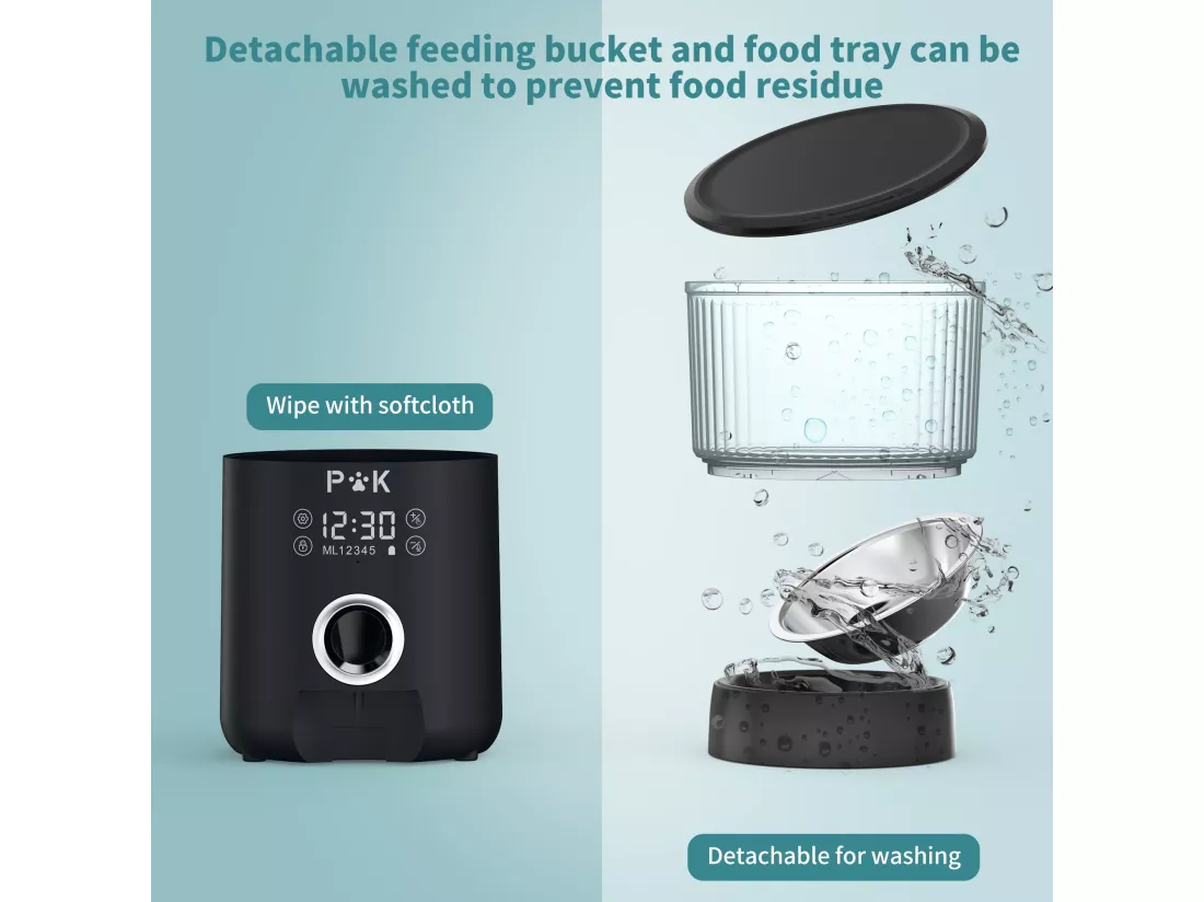 p&k LCD Distributeur Croquettes 4L Chats/Chiens Distributeur Automatique de Nourriture avec Bol en Inox Fonction d'enregistrement 5 Repas/Jour,Noir