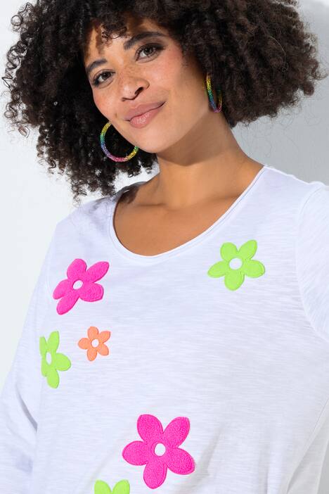 Langarmshirt, A-Linie, Neon-Frotteeblumen, schneeweiß