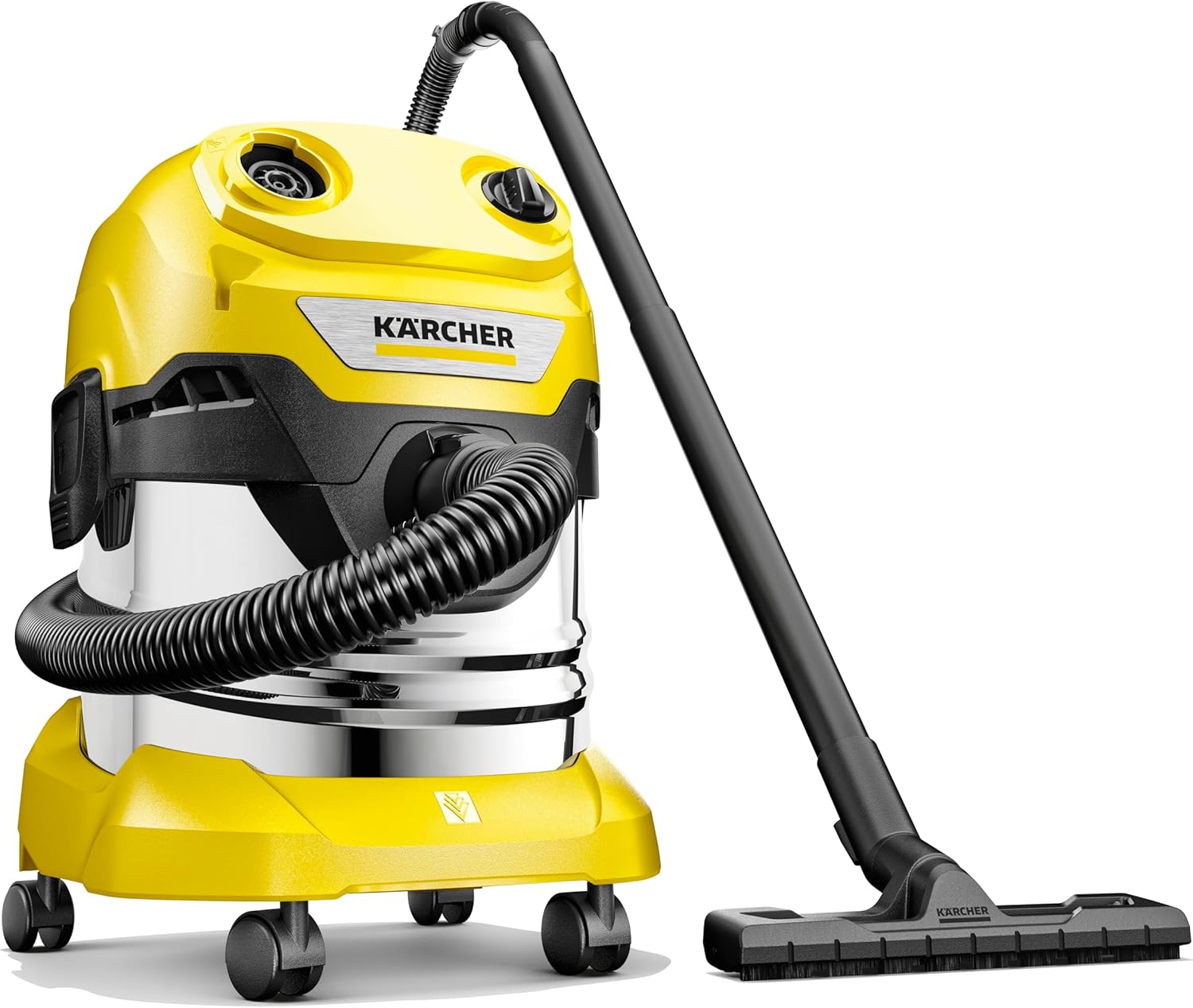 Karcher WD 4 S V-20/5/22 Nass-& Trockensauger, 20 l Edelstahlbehälter, 1000 W, 5 m Kabel, 2,2 m Saugschlauch, Clips-Bodendüse, „Pull & Push“-Verschlusssystem, Gelb