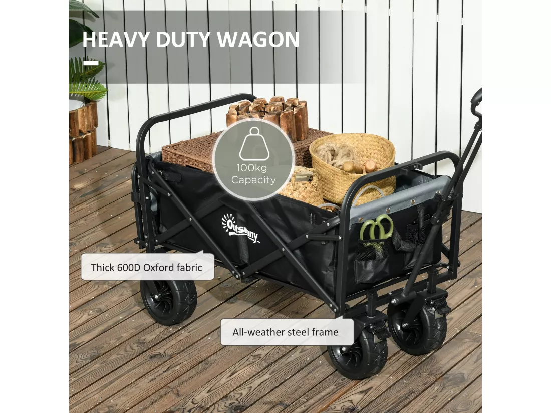 Chariot de jardin 110L pliable 4 roues poignée télescopique réglable porte noir