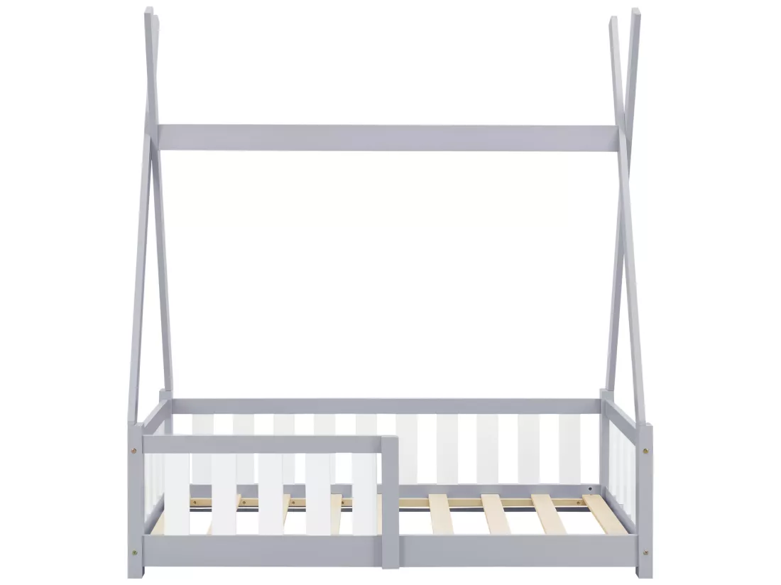 Lit Tipi pour Enfants Helsingborg avec Grille de Sécurité Pin 140 x 70 cm Gris Clair [en.casa]