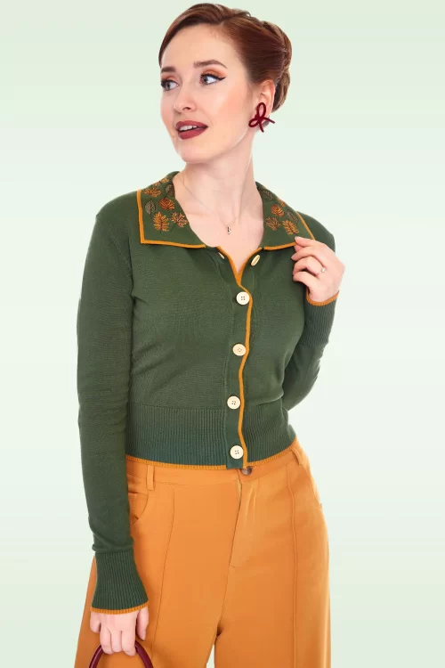 Vixen Vest met kraag en herfstbladeren in groen