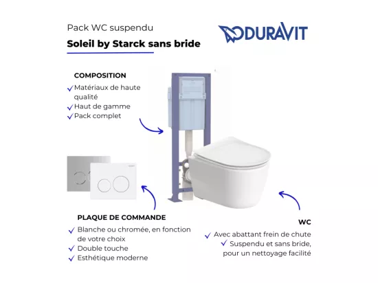Pack WC suspendu DURAVIT Starck 3 avec abattant frein de chute + bati support SIAMP + Plaque de commande chromée