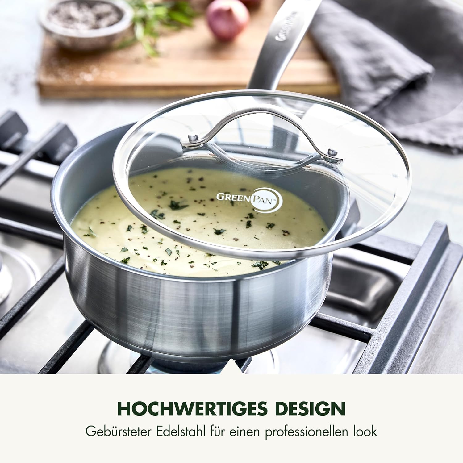 GreenPan Treviso Edelstahl Gesunde Antihaftbeschichtung aus Keramik 10-teiliges Kochgeschirr-Set, inkl. Bratpfannen, Sautierpfanne, PFAS-frei, Induktion, backofenfest, spülmaschinenfest, Silber