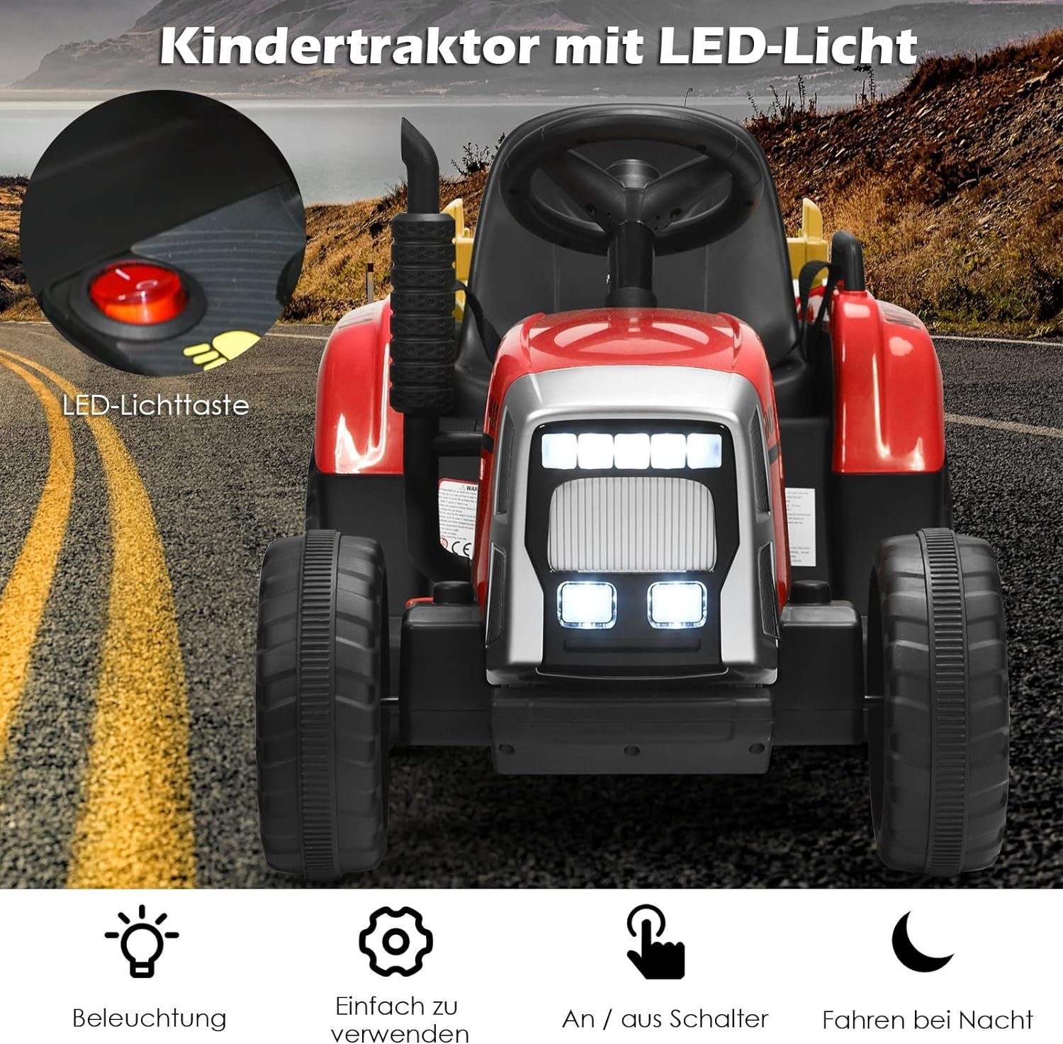 Carrinho trator elétrico infantil KOMFOTTEU, capacidade de carga de 30 kg, a partir de 3 anos.
