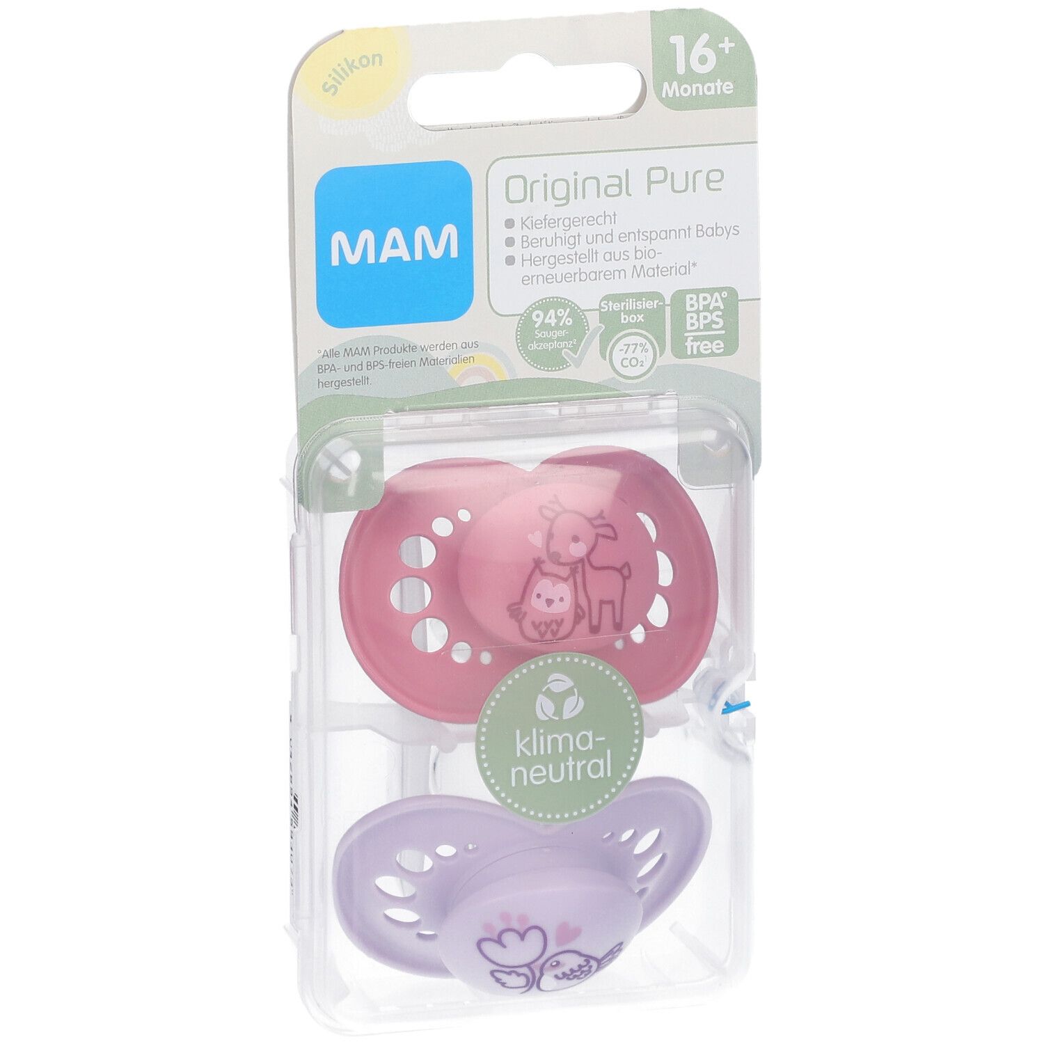 MAM Original Pure Silikonschnuller 16+ Monate, Reh/ Vogel