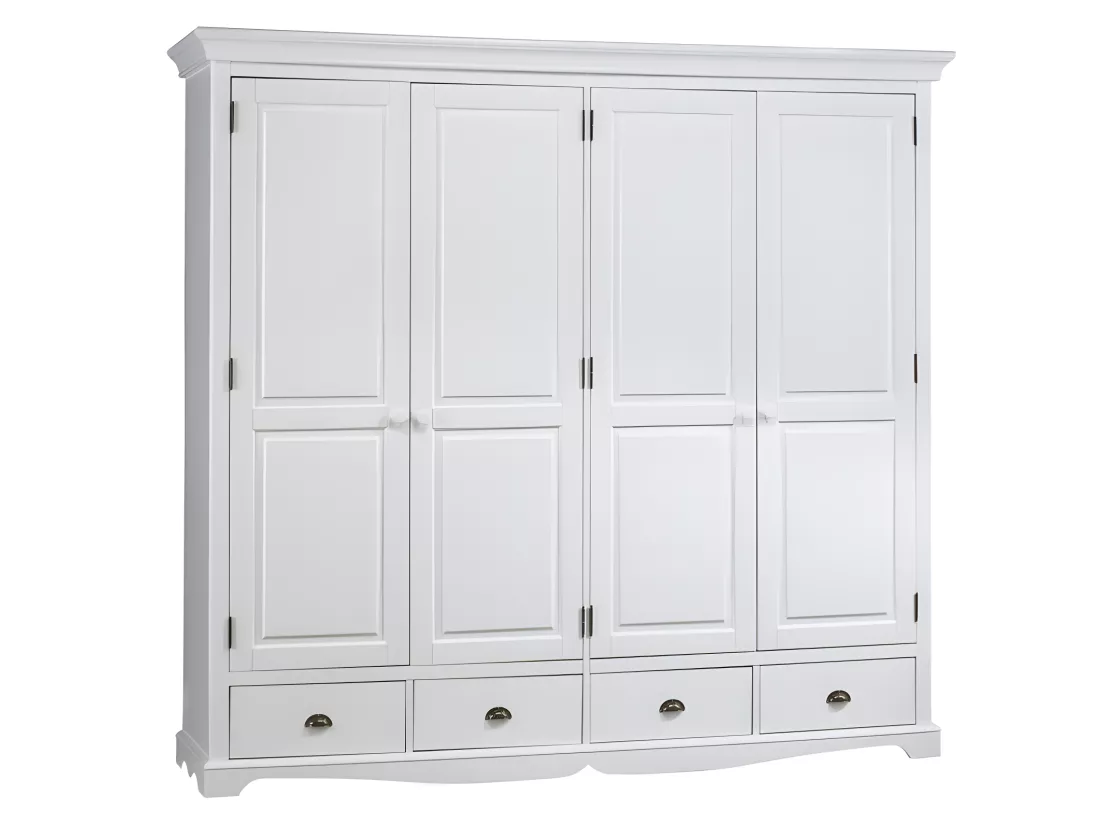 Chambre Complète Blanche Style Anglais Lit 140 cm Armoire et Chevet