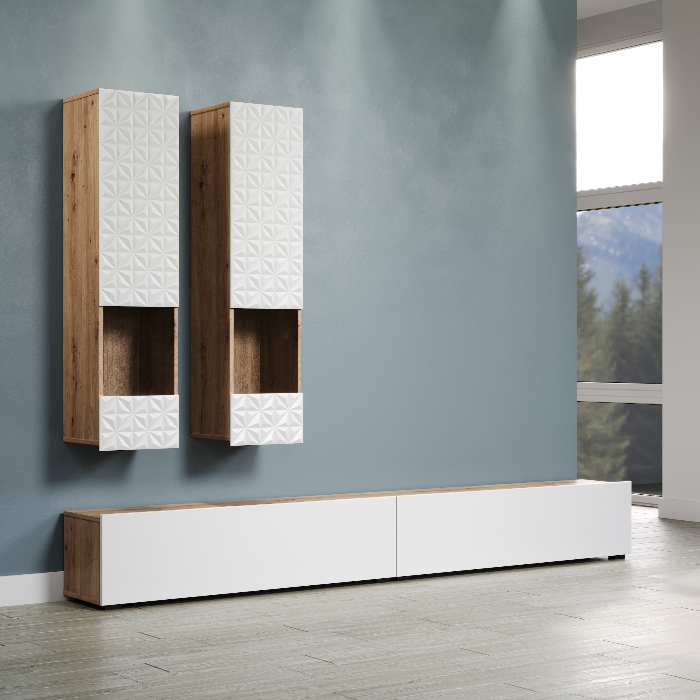 INOSIGN Wohnwand »Rezzo, 2 Hängevitrinen mit Relief-Front, 2 Lowboards je Br. 120 cm« Komplett-Set, 4 Stk. tlg.