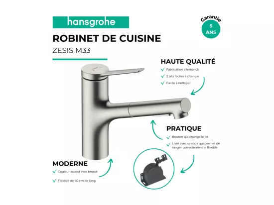 Robinet de cuisine avec douchette HANSGROHE Zesis M33 150 sBox 2 jets aspect acier inox