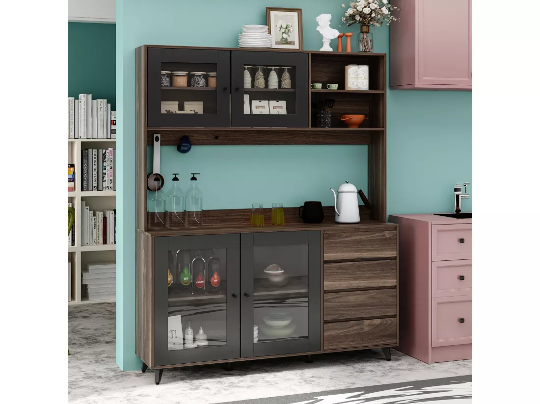 Buffet de cuisine Armoire verre haute Armoire de cuisine Plan de travaille Compartiment ouverts 4 portes 4 Tirois Marron&Noir 160x40x190cm