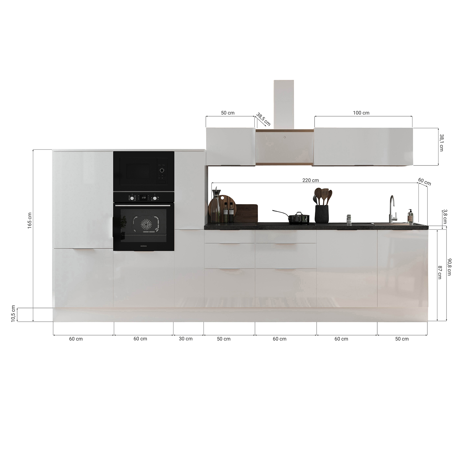 RESPEKTA Küchenblock - weiß Hochglanz - Artisan Eiche - mit E-Geräten - 370 cm