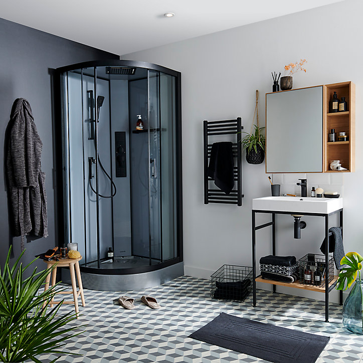 Cabine de douche hydromassante circulaire noir GoodHome Beloya 90 x 90 cm