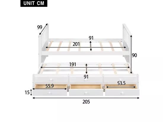 Lit gigogne 90 x 200 cm + 90 x 190 cm avec 3 tiroirs - Bois massif + MDF - Sommier à lattes - Blanc (sans matelas)
