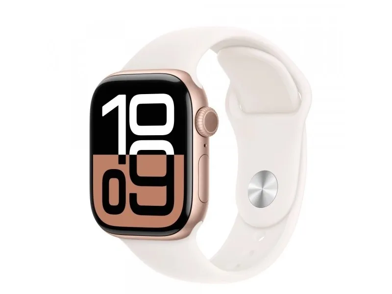 Apple Watch Series 10 (GPS) - 42 mm - roseguldaluminium - smart ur med sportsbånd - fluoroelastomer - lyserød - båndstørrelse: M/L - 64 GB - Wi-Fi 4, UWB, Bluetooth - 30 g