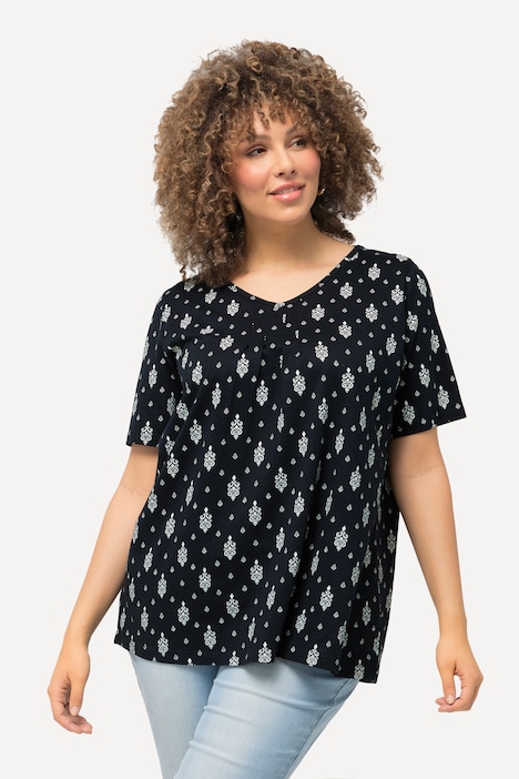 T-Shirt, Zierfalten, A-Linie, V-Ausschnitt, Halbarm