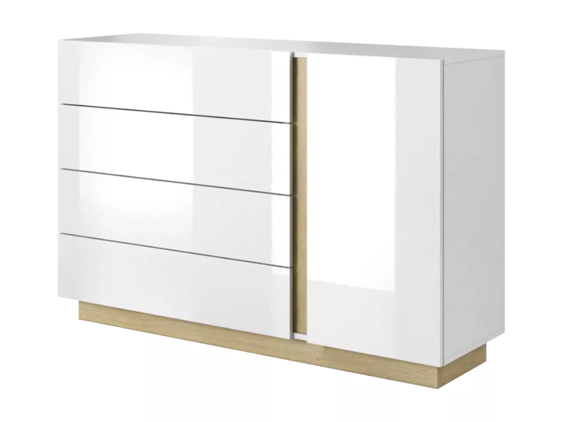 Commode MURARI - 4 tiroirs et 1 porte - Blanc brillant et chêne