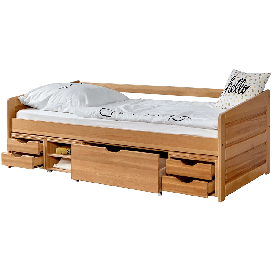 TiCAA Sofabett Micki Buche natur mit 4 Funktionsschubladen