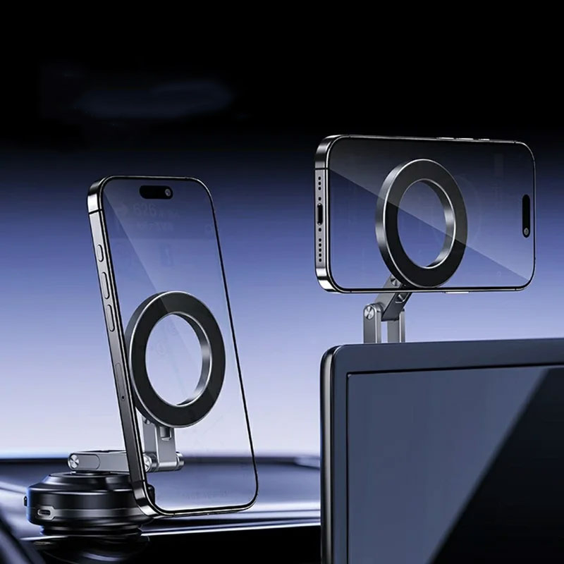Faltbare Magnetische Auto KFZ 360° Smartphone Halterung mit elektronischem Saugfuss inkl. Magnet Ring (130mAh) - Grau