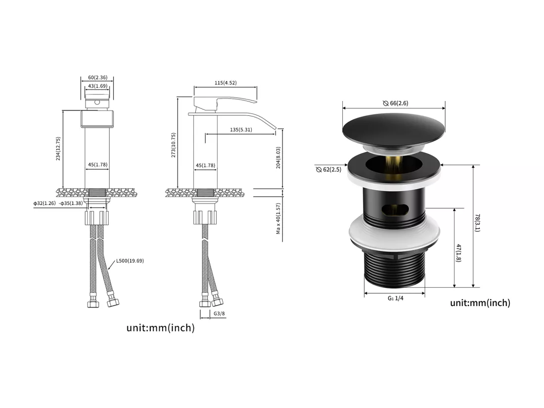Mitigeur Robinet de Lavabo Cascade Noir Moderne Mitigeur Robinet Salle Bain+Bonde Lavabo Bonde Pop-up avec Trop-plein Automatique Universelle