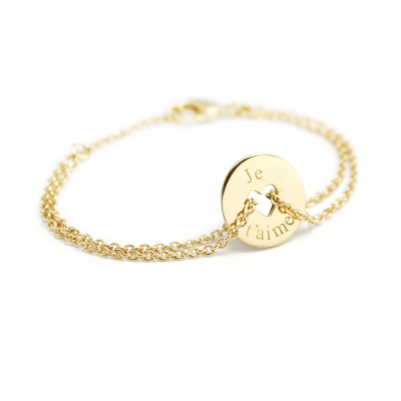 Bracelet chaine mini jeton coeur plaqué or femme - gravure JE T'AIME