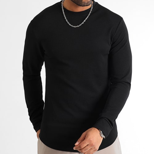 Tee Shirt Manches Longues Texturé Waffle 0552 Noir