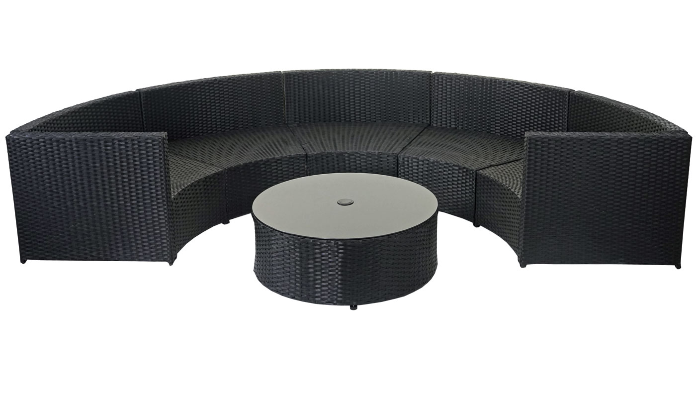 Poly-Rattan Garnitur rund MCW-E17, Garten-Set Sitzgruppe ~ schwarz, Polster dunkelgrau, Kissen terracotta