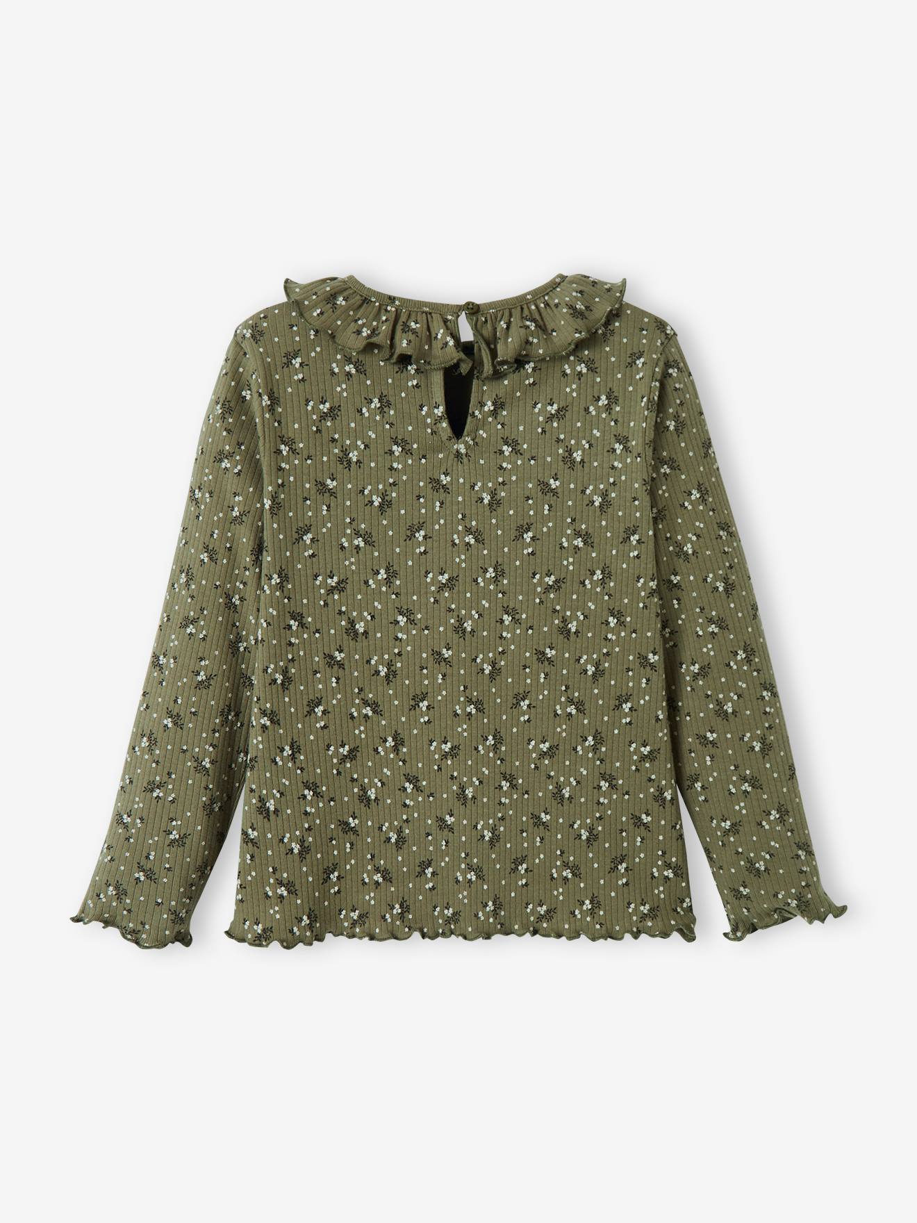 Camiseta floral canelada para meninas, estampa amarela escura