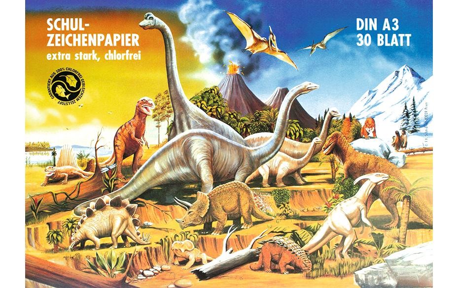 Zeichenblock A3 Hochweiss, 30 BlattZeichenblock mit Dinosaurier