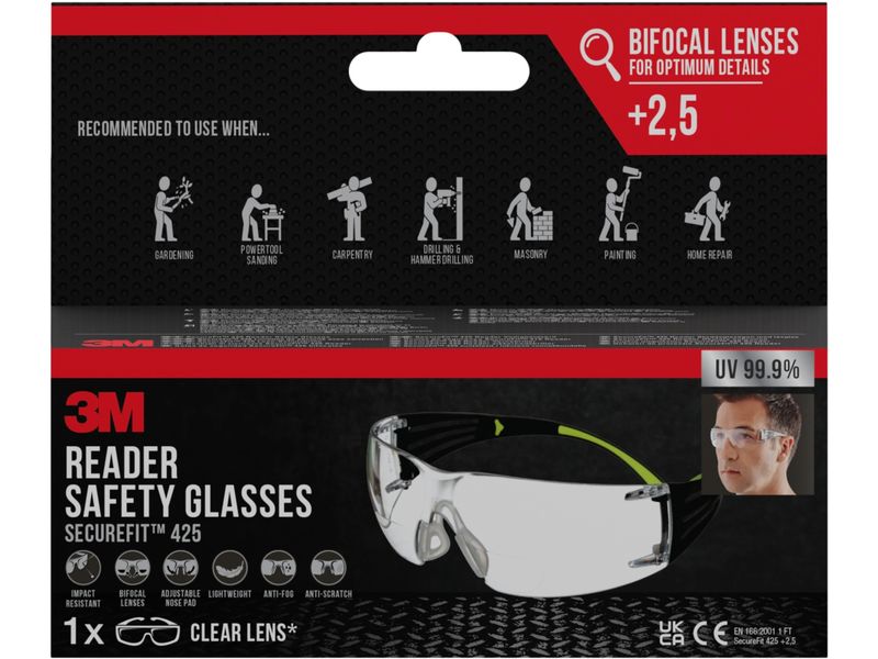 3M Schutzbrille SecureFit 425 mit  2.5 Dioptrie, Transparen Bügelbrille mit Lesebrille SF425 und  2.5 Dioptrie
