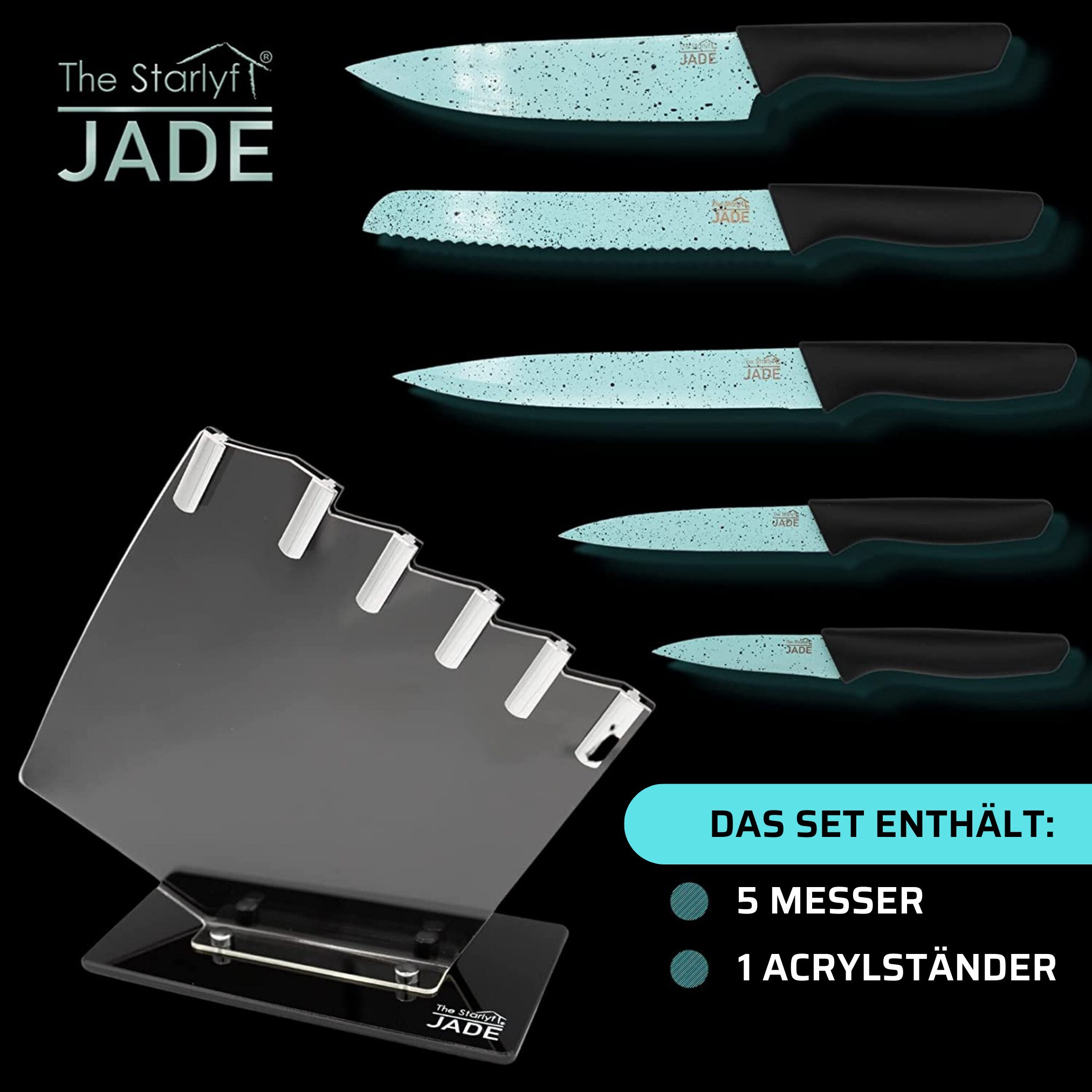 Starlyf® Messerset 6-tlg. mit Acryl Messerständer Jade Knife Series + Stand