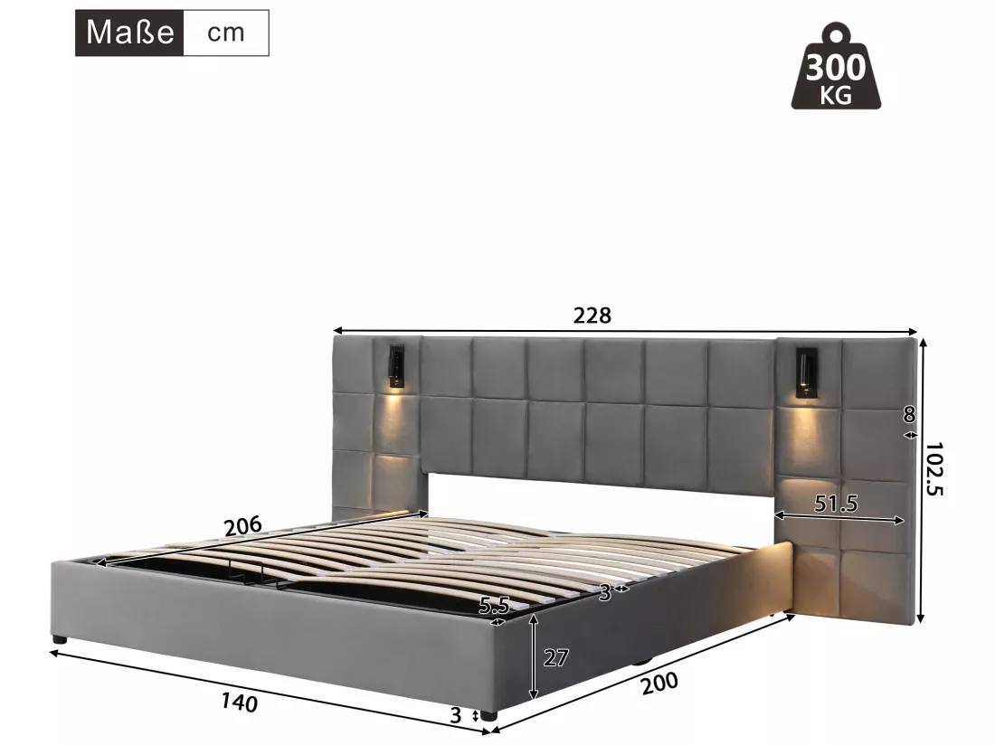 Lit coffre avec tête de lit réglable - 140 x 200 cm - velours - avec lampe orientable et USB - gris