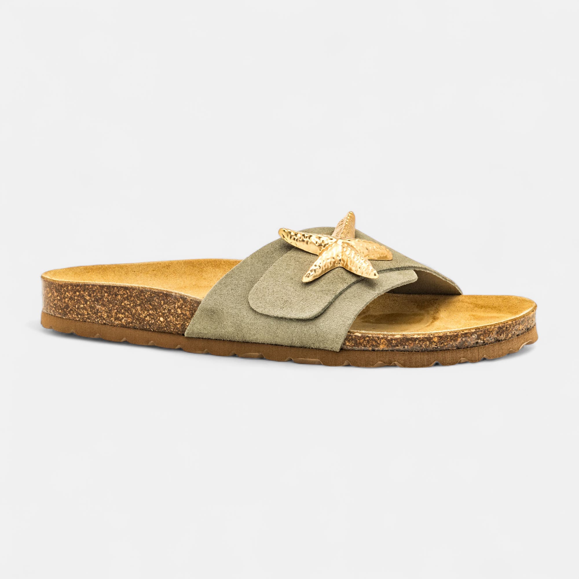 Mules semelle liège Femme en cuir vert